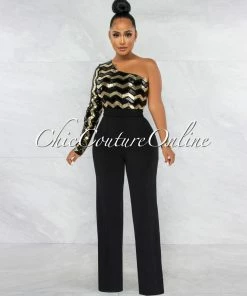 Vendor-unknown JUST IN Define Black Gold Chevron Sequins Single Sleeve Jumpsuit