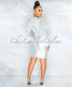 Vendor-unknown JUST IN Leroux Silver Foil Overlay Silky White Top Bandage Dress
