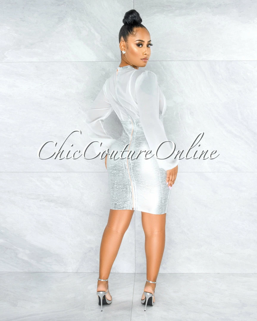 Vendor-unknown JUST IN Leroux Silver Foil Overlay Silky White Top Bandage Dress