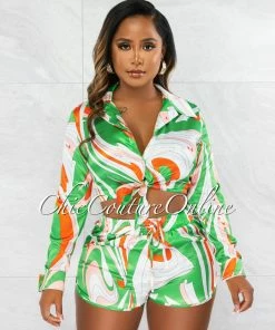 Chic Couture Online JUST IN Kailas Green White Print Tie Top & Shorts Silky Set
