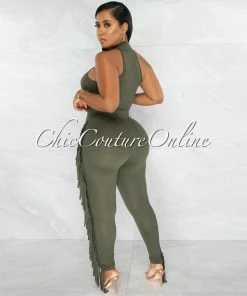 Chic Couture Online Andrea Olive Green Crop Top & Tassels Leggings Set JUST IN
