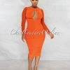 Chic Couture Online Cardinal Orange Mesh Front Key-Hole Midi Ruched Dress JUST IN
