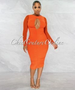 Chic Couture Online Cardinal Orange Mesh Front Key-Hole Midi Ruched Dress JUST IN
