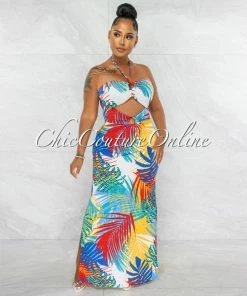 Chic Couture Online Morris White Multi-Color Leaf Print Key-Hole Maxi Dress JUST IN