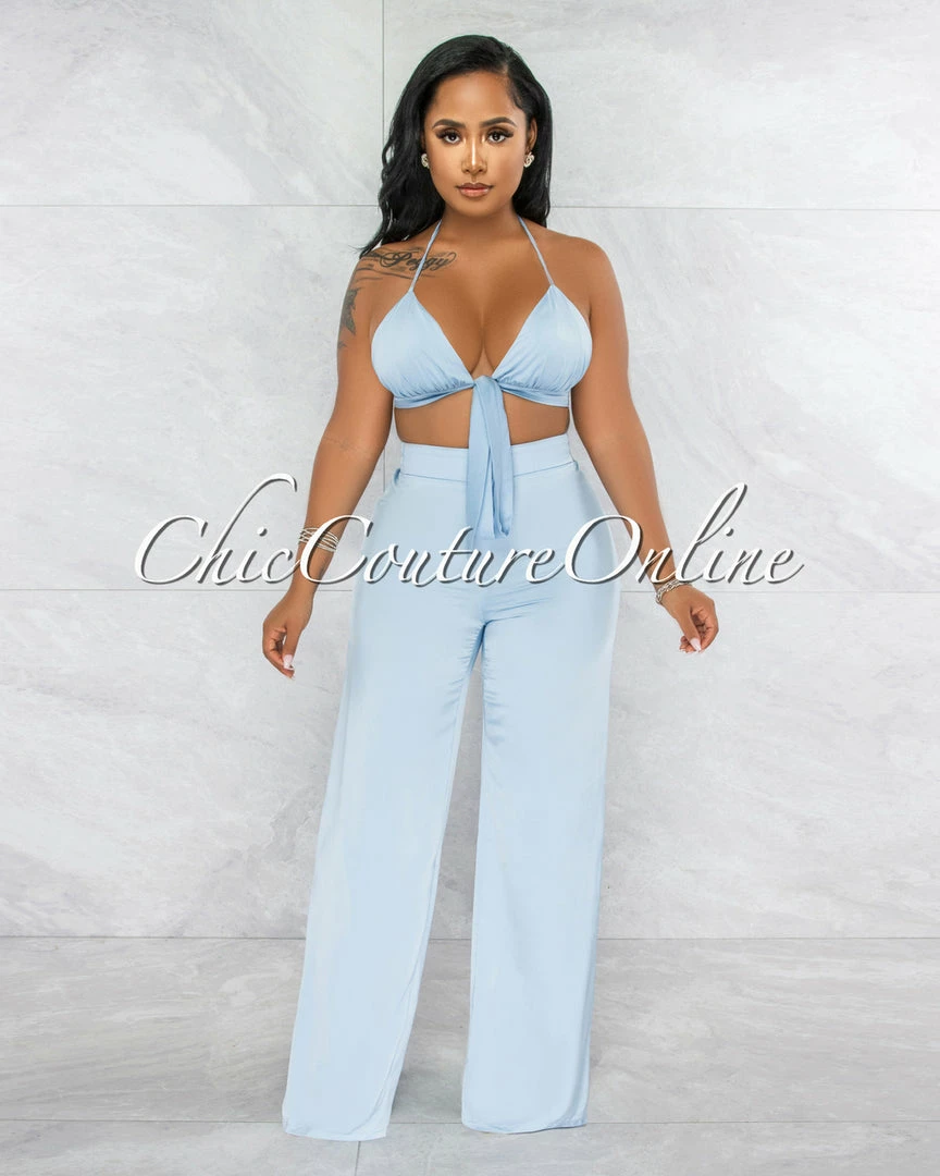 Vendor-unknown Carswell Sky Blue Satin Three Piece Pants Set JUST IN