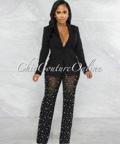 Vendor-unknown JUST IN Alicia Black Blazer & Mesh Pearl Pants Set