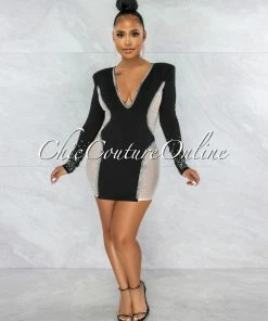 Vendor-unknown JUST IN Tanvi Black Nude Mesh Rhinestones Ultra-Mini Dress