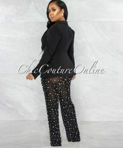 Vendor-unknown JUST IN Alicia Black Blazer & Mesh Pearl Pants Set