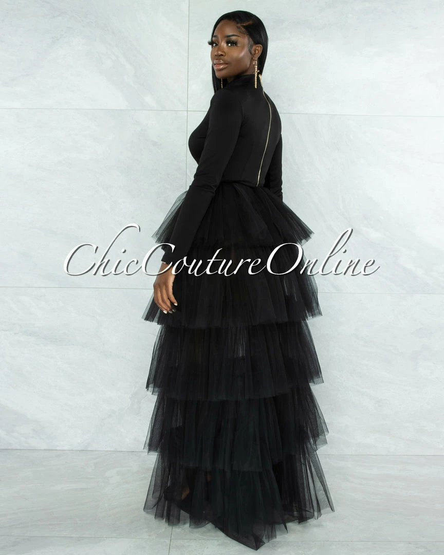 Vendor-unknown Auduna Black Long Sleeves Top & Tulle Ruffle Maxi Skirt Set JUST IN