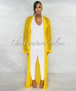 Vendor-unknown Qiana Yellow Crochet Sheer Long Duster JUST IN