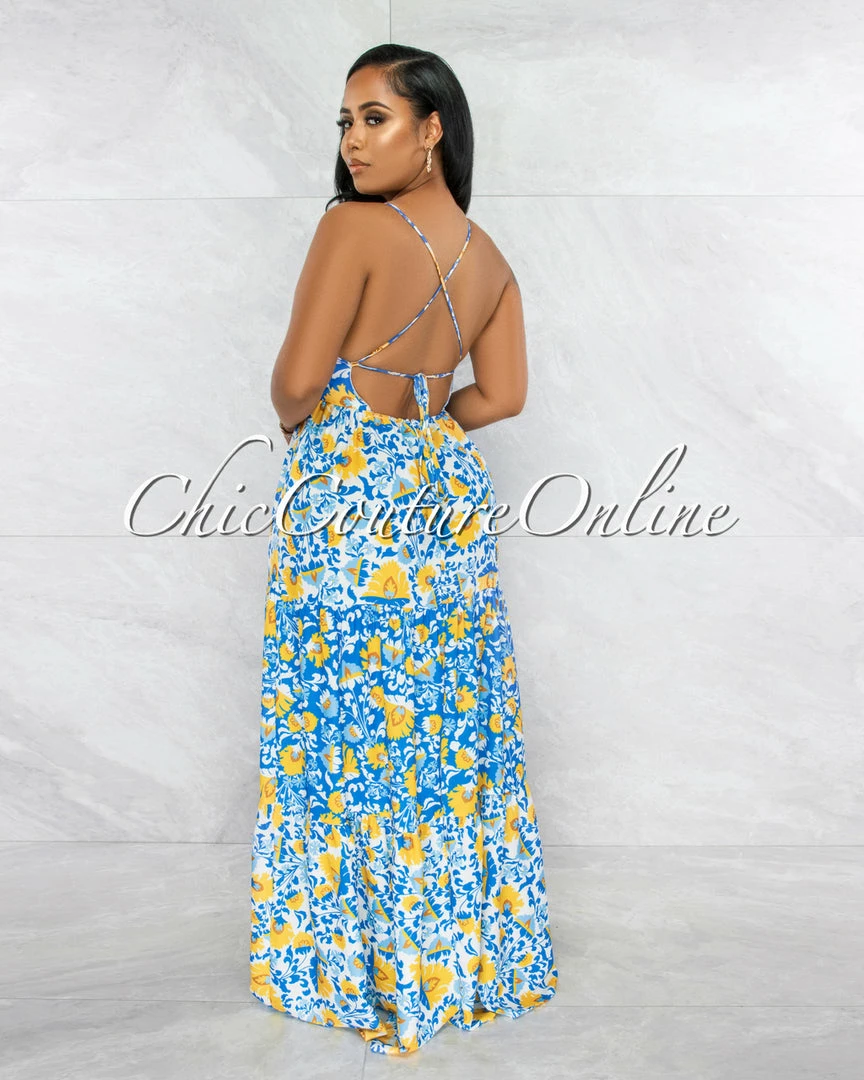 Vendor-unknown JUST IN Otrera Blue Yellow Print Lace-Up Back Maxi Dress