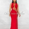 Vendor-unknown Tamayo Red Mesh Silver Rhinestones Maxi Dress