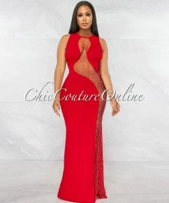 Vendor-unknown Tamayo Red Mesh Silver Rhinestones Maxi Dress