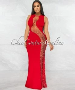 Vendor-unknown Tamayo Red Mesh Silver Rhinestones Maxi Dress