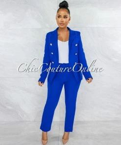 Vendor-unknown JUST IN Karlis Royal Blue Gold Buttons Blazer & Pants Set