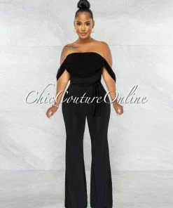 Chic Couture Online Darcy Black Mesh Sleeves Waistband Tie Jumpsuit
