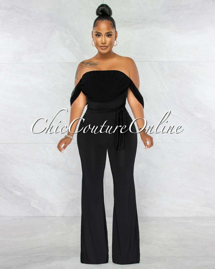 Chic Couture Online Darcy Black Mesh Sleeves Waistband Tie Jumpsuit