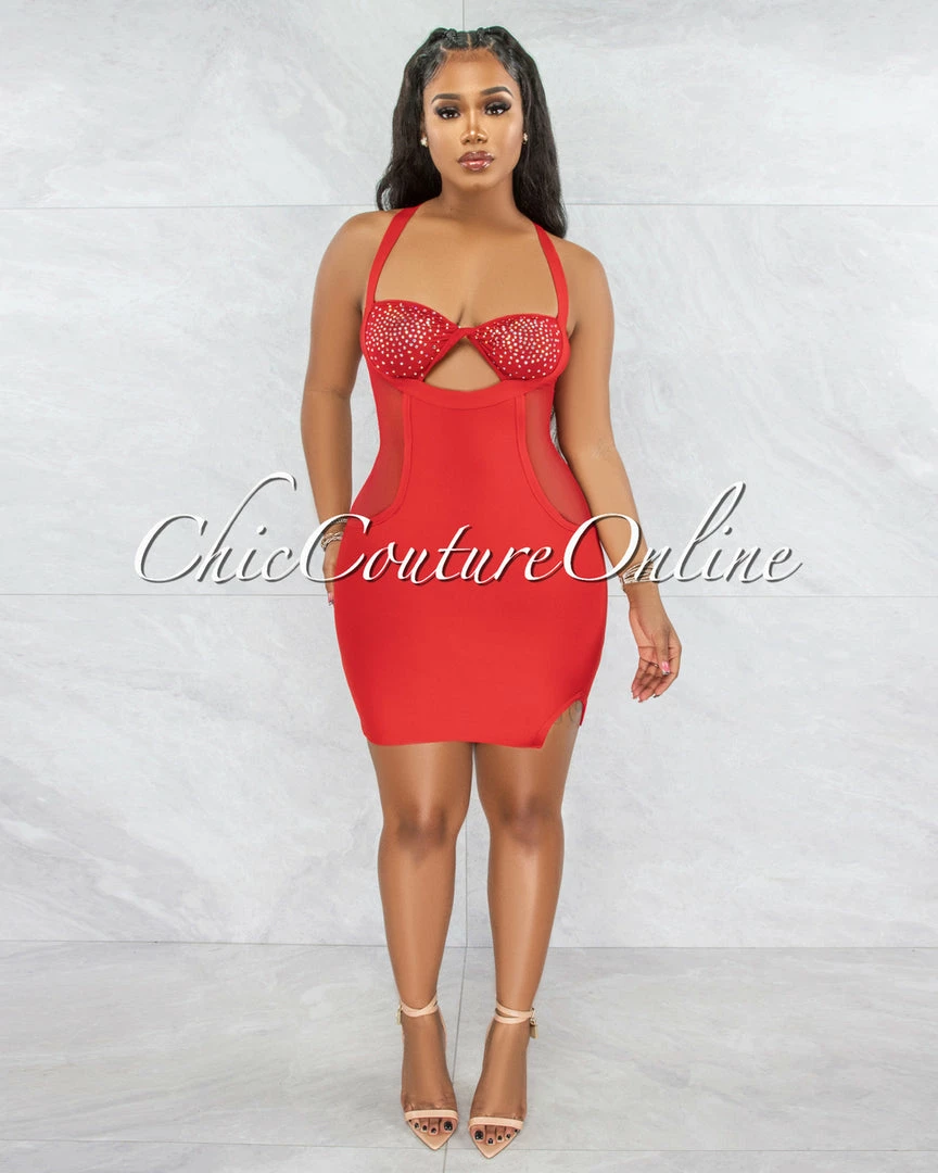 Vendor-unknown JUST IN Variya Red Keyhole Mesh Rhinestones Mini Dress