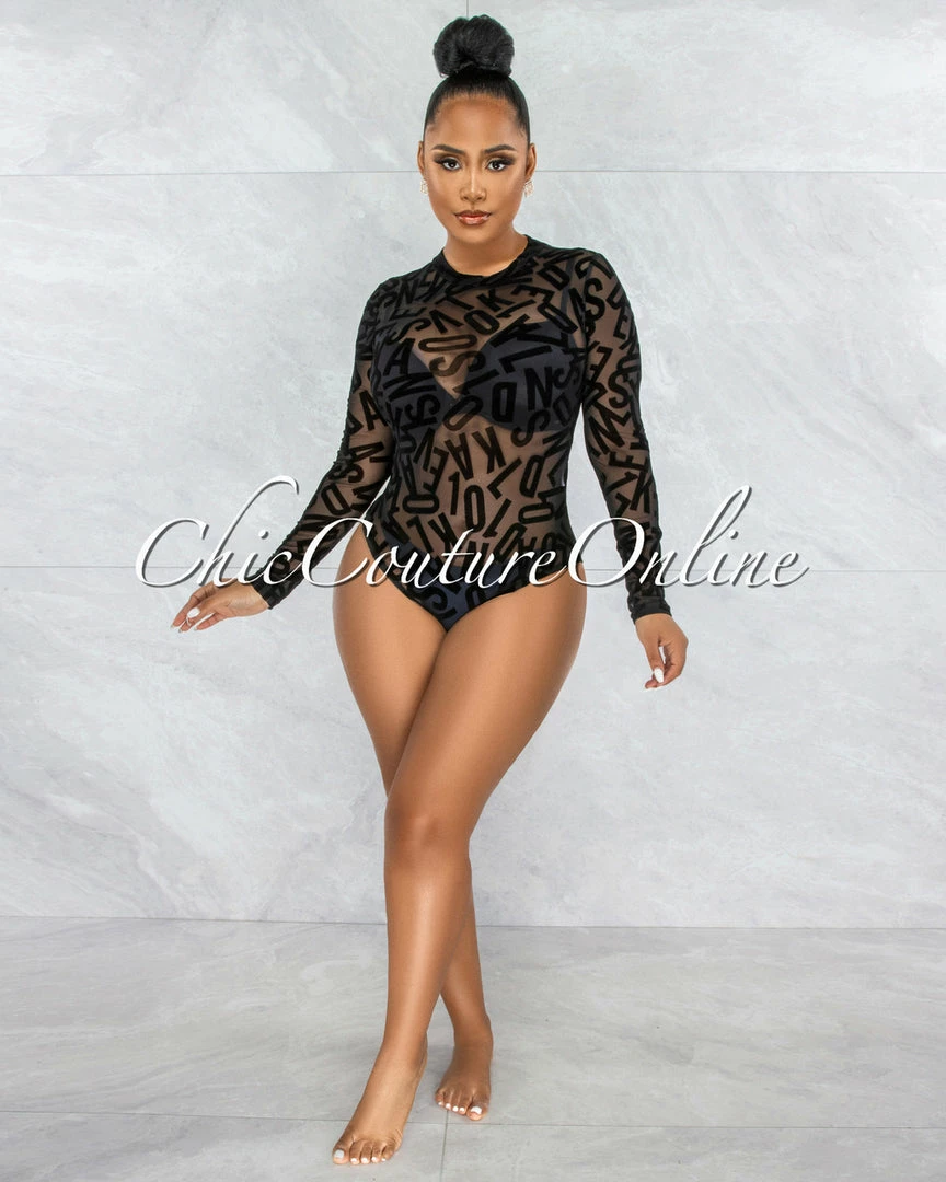 Vendor-unknown JUST IN Gypsy Black Mesh Sheer Velvet Letters Bodysuit