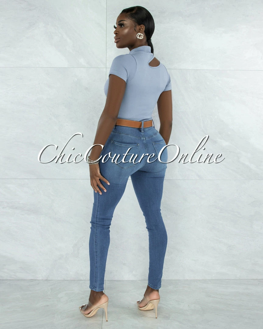 Vendor-unknown Venecia Steel Blue Cut-Out Shoulder Ribbed Crop Top