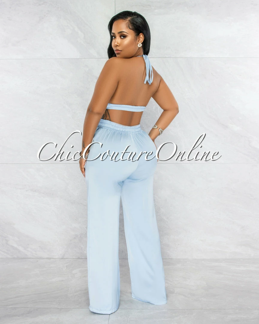 Vendor-unknown Carswell Sky Blue Satin Three Piece Pants Set JUST IN
