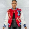 Vendor-unknown CLOTHING Brittany Red Graphics Faux Leather Sleeves Varsity Jacket