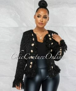Vendor-unknown Ledell Black Gold Buttons Décor Tweed Fringe Jacket