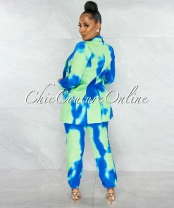 Chic Couture Online Jedony Lime Blue Double Trench Blazer & Pants Set