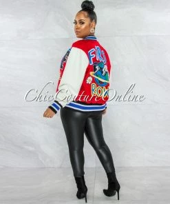 Vendor-unknown CLOTHING Brittany Red Graphics Faux Leather Sleeves Varsity Jacket