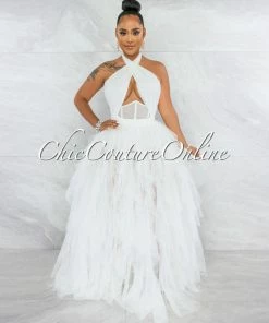 Vendor-unknown Angelica Off-White Tulle Halter Ruffle Maxi Dress