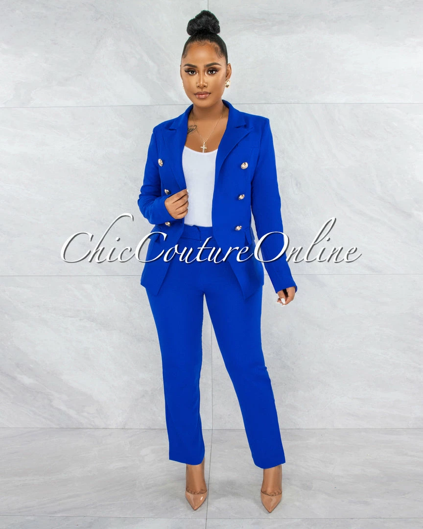 Vendor-unknown JUST IN Karlis Royal Blue Gold Buttons Blazer & Pants Set