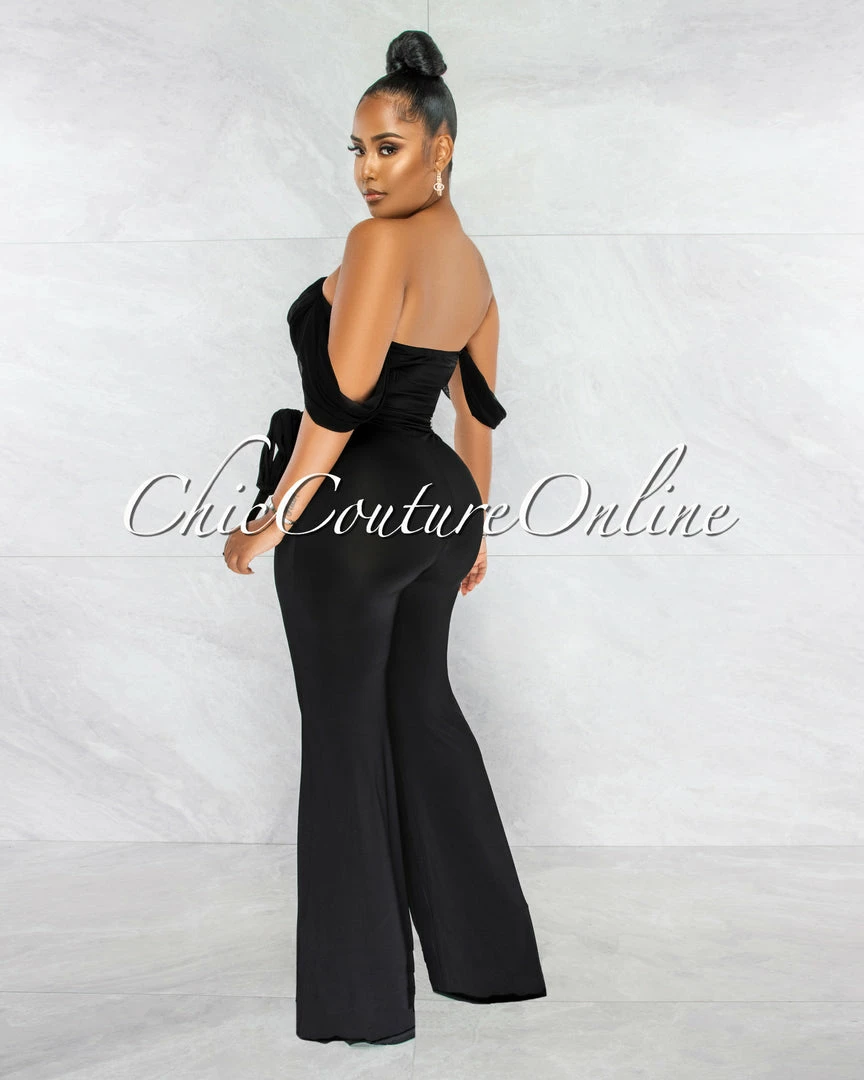 Chic Couture Online Darcy Black Mesh Sleeves Waistband Tie Jumpsuit
