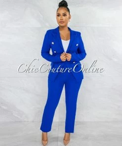 Vendor-unknown JUST IN Karlis Royal Blue Gold Buttons Blazer & Pants Set