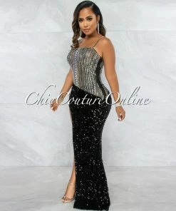 Vendor-unknown Castro Black Rhinestones Sequins Maxi Dress JUST IN