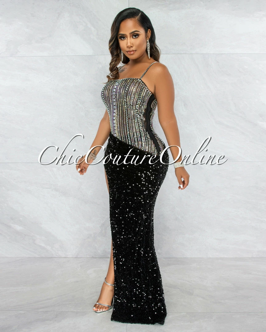 Vendor-unknown Castro Black Rhinestones Sequins Maxi Dress JUST IN