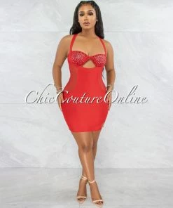 Vendor-unknown JUST IN Variya Red Keyhole Mesh Rhinestones Mini Dress