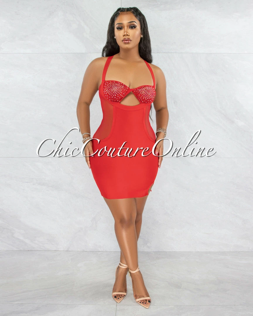 Vendor-unknown JUST IN Variya Red Keyhole Mesh Rhinestones Mini Dress