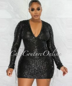 Vendor-unknown Glory Black Sequin Pearls Chain Sleeves Fringe Mini Dress JUST IN