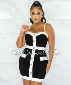 Chic Couture Online Librada Black White Gold Buttons Crop Top & Skirt Set JUST IN