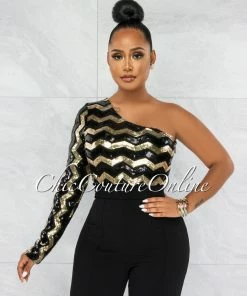 Vendor-unknown JUST IN Define Black Gold Chevron Sequins Single Sleeve Jumpsuit