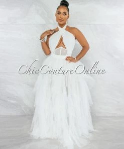 Vendor-unknown Angelica Off-White Tulle Halter Ruffle Maxi Dress