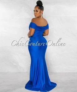 Chic Couture Online JUST IN Dewey Royal Blue Drape Off-The Shoulders Maxi Dress