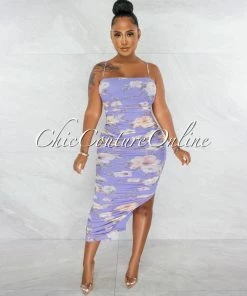 Chic Couture Online Consuelo Lilac Floral Ruched Bodice Side Slit Maxi Dress JUST IN