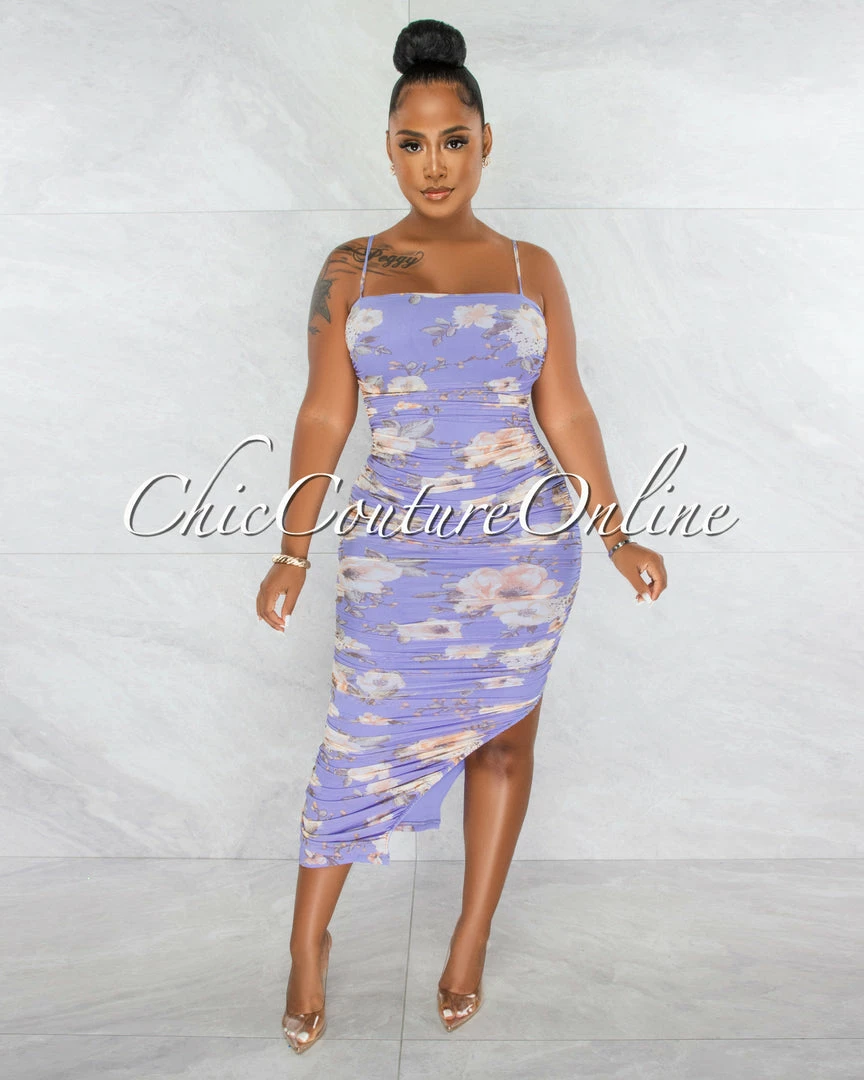 Chic Couture Online Consuelo Lilac Floral Ruched Bodice Side Slit Maxi Dress JUST IN