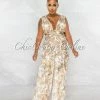 Chic Couture Online Elodie Ivory Brown Paisley Print Ruffle Legs Jumpsuit JUST IN