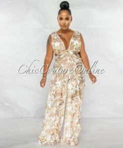 Chic Couture Online Elodie Ivory Brown Paisley Print Ruffle Legs Jumpsuit JUST IN