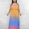 Vendor-unknown Janique Mustard Blue Ombre Halter Maxi Pleated Dress