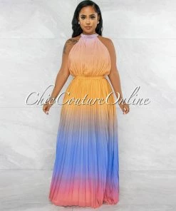 Vendor-unknown Janique Mustard Blue Ombre Halter Maxi Pleated Dress