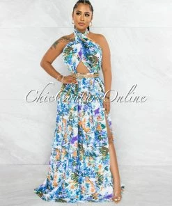 Vendor-unknown JUST IN Migdana White Blue Print Halter Gold Link Belt Dress