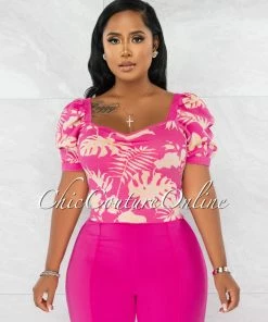 Chic Couture Online JUST IN Cinta Pink Leaf Print Bubble Sleeves Knit Crop Top
